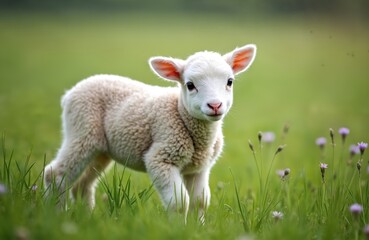 Obraz premium A cute baby lamb stands on green grass with purple flowers in sunny day. Young sheep is white, fluffy, woolly. Farm animal grazes in spring at meadow. Newborn mammal portrait close-up.