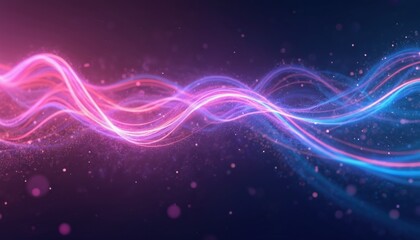 Obraz premium Illustration of light rays on dark backdrop in abstract style. Light purple, azure tones create futuristic feel, wavy neon lines. Modern design graphic wallpaper with gradient glowing spectrum, tech