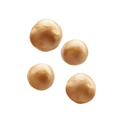 Four macadamia nuts with a smooth and round shape, rich in healthy fats and nutrients.