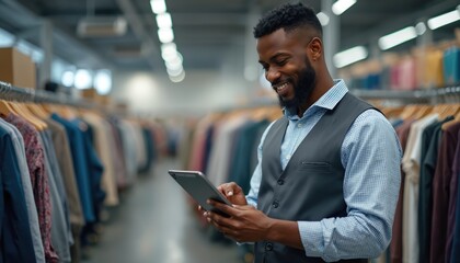 African man uses digital tablet checking inventory at clothing store. Employee manages retail garments, apparel stock, sales online via application. Store manager works with fashion clothes, using