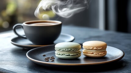 colorful macaroons in a cup with a cup of coffee