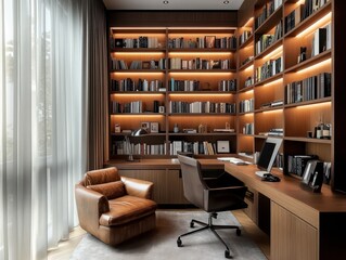 A library study featuring a comfortable reading chair and books