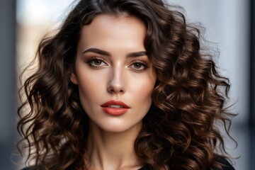 Naklejka premium A glamorous brunette woman with long curly hair and beautiful makeup looking confidently in a studio setting