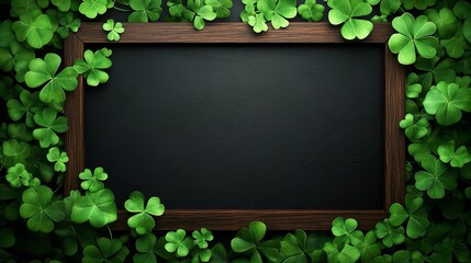 A dark chalkboard framed by vibrant green shamrock leaves, arranged in a decorative border, creating a festive St. Patrick's Day themed background.