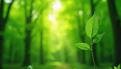 Naklejka premium Vibrant Green Leaf Sprout in Sunlit Forest Background