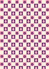 Checkered easter eggs seamless pattern with egg and flower on pink and purple checkerboards. For easter print, fabric, textile and wrapping paper