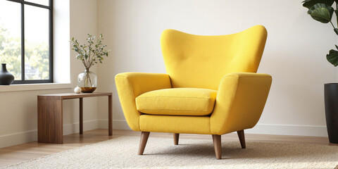 Bright yellow accent chair in a modern living room, positioned beside a minimalist wooden side table with a glass vase.