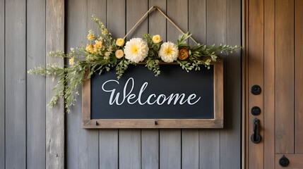 A rustic wooden welcome board with decorative flowers and a warm lantern hangs on a distressed wooden door,