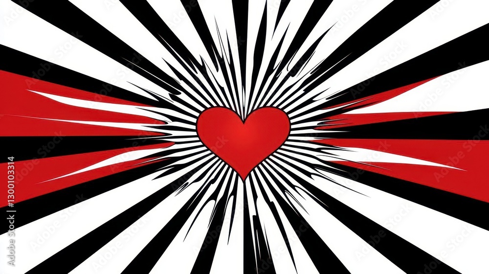 Poster red heart with black and white rays burst background design
