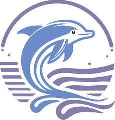 Dynamic Dolphin Waves Logo, A stylized dolphin leaps gracefully from abstract ocean waves, encased within a circular frame. The design utilizes fluid lines and a harmonious blend of blue