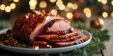 Deliciously Glazed Roasted Ham with a Smoky and Juicy Texture, Perfectly Sliced and Served in a Gourmet Setting with a Warm and Inviting Ambiance