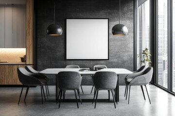 Modern dining room, city view, blank poster, concrete wall, meeting