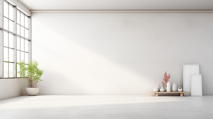 Fototapeta premium Minimalist white wall with a wooden shelf and empty frame mockup, illuminated by natural sunlight, creating a clean and elegant atmosphere for showcasing designs.
