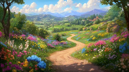 Vibrant Flower Meadow Path Through Rolling Hills