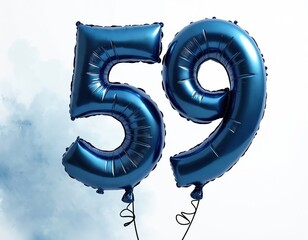 Blue number 59 balloon for birthday anniversary celebration, watercolor painting with white background. Shiny festive decoration for party invitation card design, fifty ninth jubilee, fun happy event.
