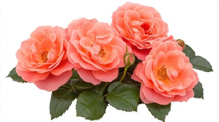 Coral Peach Roses Close Up Lush Green Leaves White Background