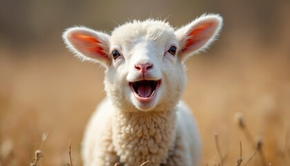 Candid close-up of lovable lamb with mouth open, laughing or bleating in earthy nature background. Adorable farm baby animal, symbol of spring, innocence, joy, happiness.