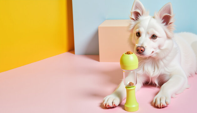 White fluffy dog with interactive food dispenser toy