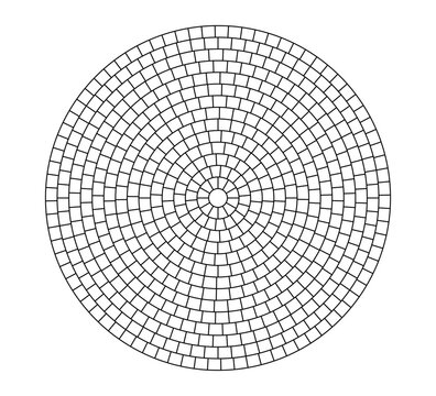 Paved circle pattern tile. Circular brick mosaic. Round radial stone pavement. Paving tile simple floor texture. Black line. Vector illustration isolated on white background.