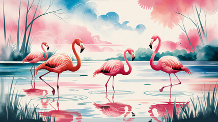 Obraz premium Pink Flamingos in Tranquil Lake - Watercolor Wildlife Illustration
