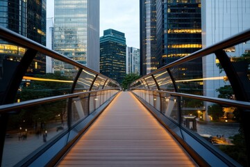Fototapeta premium A stunning bridge connects two modern skyscrapers, embodying architectural elegance and innovation in a bustling city environment during twilight.