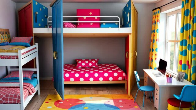 A colorful room with a blue, yellow, and red wardrobe. A desk with a computer and a chair. A bunk bed is in the room