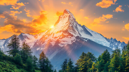 Majestic Snowcapped Mountain Peak at Sunrise