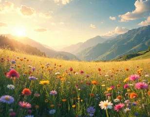Foto op Canvas Dreamy landscape with vibrant wildflowers, sunlight. Meadow with flowers, mountains, light fog. Summer scene with blue sky, clouds. Idyllic background for travel, nature concepts, freedom, relaxation © Vadym