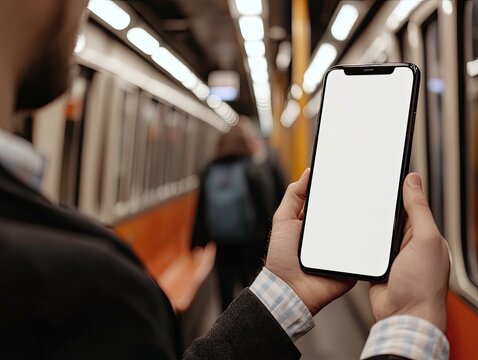 Commuter holds a blank smartphone screen in a subway car interior