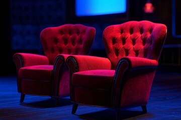 Obraz premium Red velvet armchairs, stage, dark, blue lighting, interview