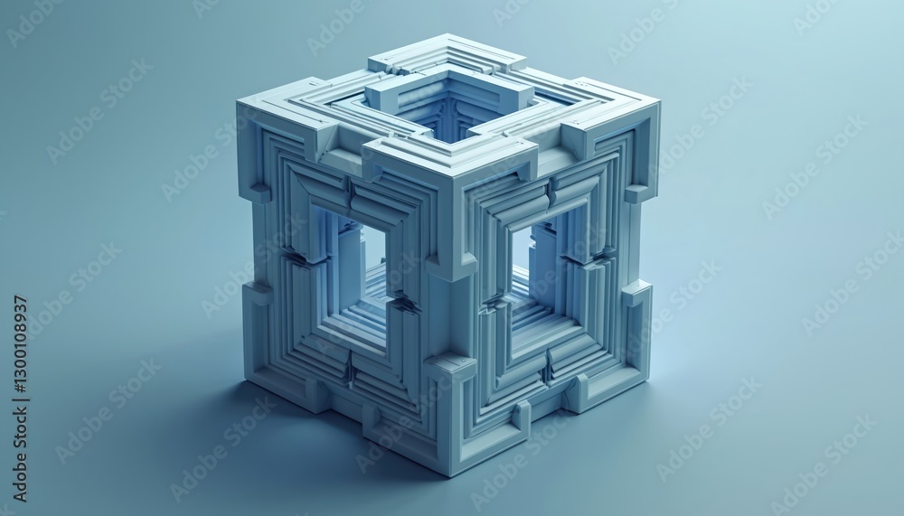 Poster fascinating geometric fractal in 3d. recursive cubic frames within cube. abstract structure evokes h