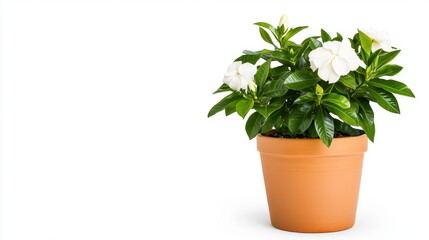 Obraz premium White Gardenias in Terracotta Pot on White Background