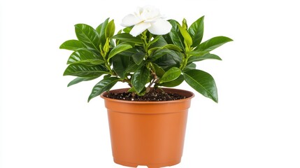 White Gardenia Flower in Brown Pot Against White Background