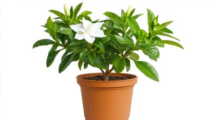 Fototapeta premium White Gardenia Flower in Brown Pot Against White Background