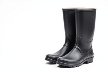 Black rain boots isolated on a white background, showcasing practicality and style for wet weather conditions.