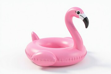 Pink flamingo pool float isolated on white background. Summer fun and relaxation concept.