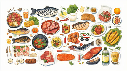 Food set. Collection of various meal, fish and meat.