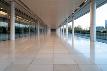 Fototapeta premium This image portrays a vast corridor enhanced by large glass panels, creating a striking visual that promotes openness and fluidity in design, perfect for urban spaces.