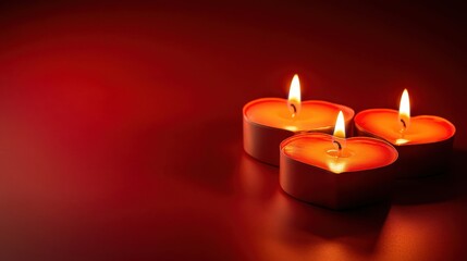 Elegant heart candles glowing in deep red gradient romantic setup soft lighting cozy atmosphere
