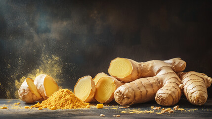 Fresh Ginger and Turmeric Roots with Powder.