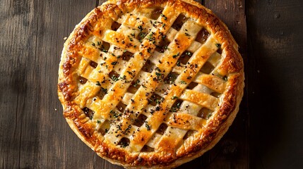 Perfectly circular pot pie golden crust detail viewed above