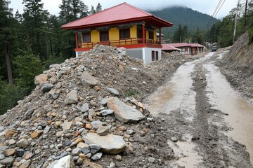 A mountain slope covered in deep gullies caused by heavy rain erosion