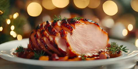 Deliciously Glazed Roasted Ham with a Smoky and Juicy Texture, Perfectly Sliced and Served in a Gourmet Setting with a Warm and Inviting Ambiance