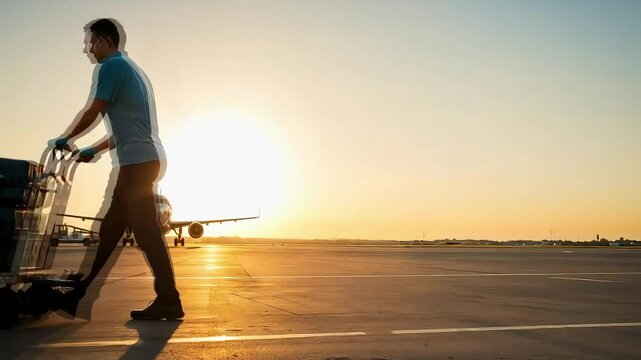 Baggage handler pushing luggage cart down the runway during sunset