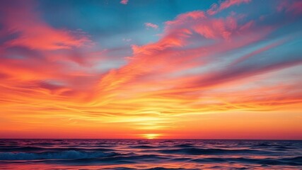 Obraz premium A Dramatic Sunset Over the Ocean, with Brilliant Hues of Orange, Pink, and Purple Reflecting on Calm Waves