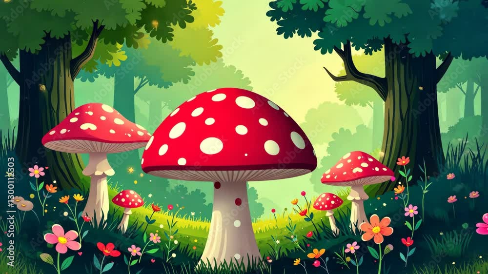 Poster a forest scene with a fly agaric in the foreground and three mushrooms in the background. there are 