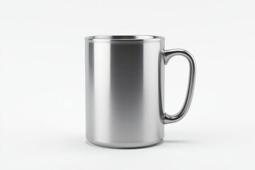 Stainless steel mug with handle, isolated on white background.