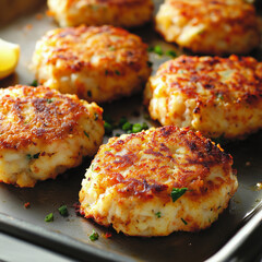 Fototapeta premium Golden Crispy Crab Cakes - Seafood Delight, Gourmet Appetizer, and Classic American Dish