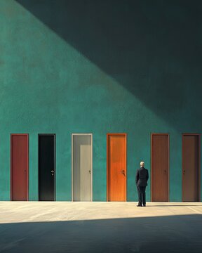Man standing before multiple doors symbolizing choices, surreal decision-making concept with dramatic lighting, philosophical representation of opportunities and paths, life-changing decisions art.