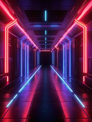 Neon illuminated corridor leading into the infinite dark future